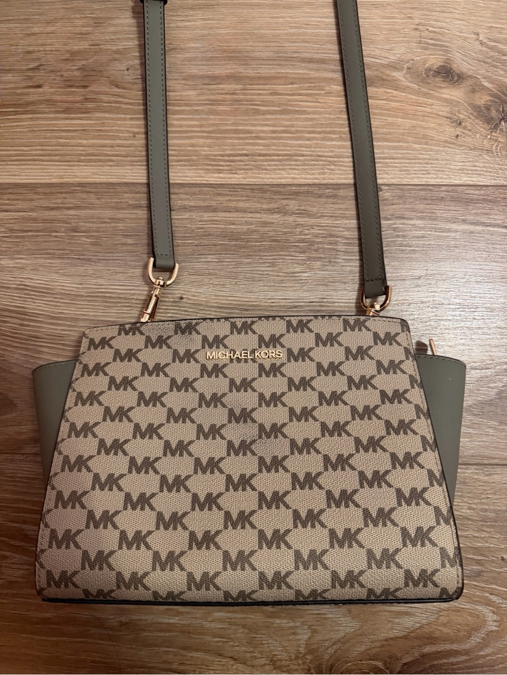 Michael Kors Olive Green and Brown MK Signature Crossbody